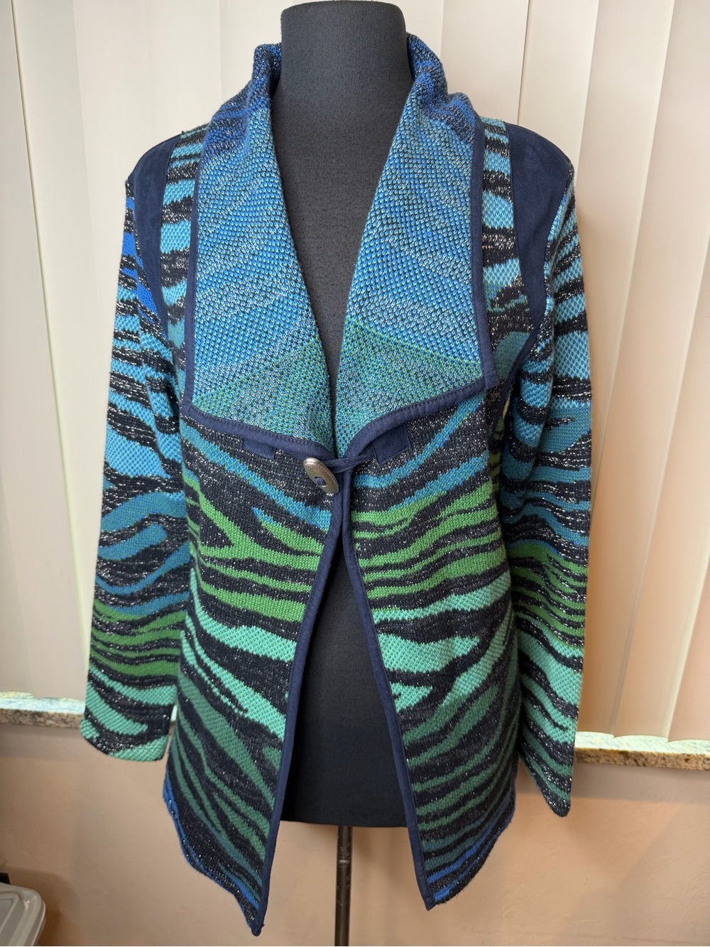 Olyss open-front knit cardigan blue green stripes draped shawl collar SZ Small